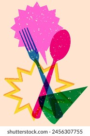 Risograph spoon and fork with speech bubble with geometric shapes. Objects in trendy riso graph print texture style design with geometry elements.