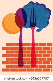 Risograph spoon and fork with speech bubble with geometric shapes. Objects in trendy riso graph print texture style design with geometry elements.