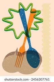 Risograph spoon and fork with speech bubble with geometric shapes. Objects in trendy riso graph print texture style design with geometry elements.