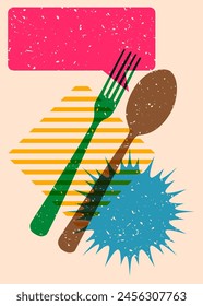 Risograph spoon and fork with speech bubble with geometric shapes. Objects in trendy riso graph print texture style design with geometry elements.