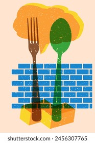 Risograph spoon and fork with speech bubble with geometric shapes. Objects in trendy riso graph print texture style design with geometry elements.