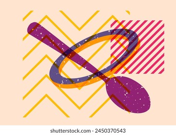 Risograph spoon with geometric shapes. Objects in trendy riso graph print texture style design with geometry elements.