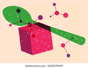 Risograph spoon with geometric shapes. Objects in trendy riso graph print texture style design with geometry elements.