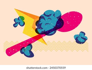 Risograph spoon with geometric shapes. Objects in trendy riso graph print texture style design with geometry elements.