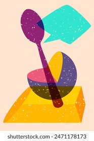 Risograph spoon with speech bubble with geometric shapes. Objects in trendy riso graph print texture style design with geometry elements.