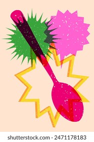 Risograph spoon with speech bubble with geometric shapes. Objects in trendy riso graph print texture style design with geometry elements.