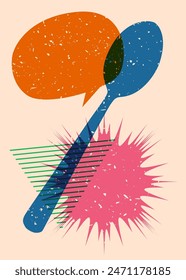 Risograph spoon with speech bubble with geometric shapes. Objects in trendy riso graph print texture style design with geometry elements.