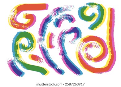 Risograph squiggle and circles ink lines. Vector hand drawn wave round paint shapes riso print. Abstract curve freehand graphic. Scribble expressive paintbrush wobble grunge illustration.