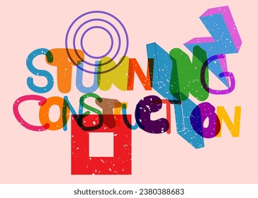 Risograph Stunning Construction word with geometric shapes. Object in trendy riso graph design.