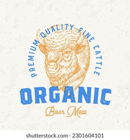Risograph Style Bison Meat Farm Retro Badge Logo Template. Hand Drawn Buffalo Cattle Face Sketch with Retro Typography. Vintage Steaks Sketch Emblem Print. Isolated