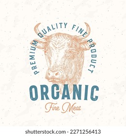 Risograph Style Cow Meat Farm Retro Badge Logo Template. Hand Drawn Cattle Face Sketch with Retro Typography. Vintage Beef Steaks Sketch Emblem Print. Isolated