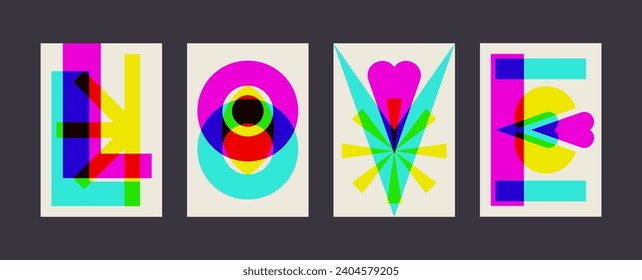 Risograph style geometric shapes elements, typography effect of word love, abstract overlay riso print. Vector illustration of a Valentine's Day celebration greeting poster, card, banner

