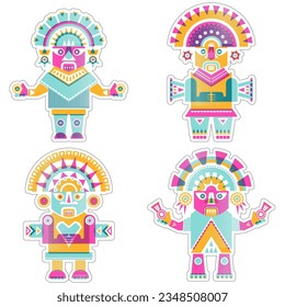 Risograph style Inca ceremonial sculptures. Vector illustration

