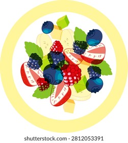 Risograph style overhead illustration of strawberries, blueberries, blackberries, and bananas on a white plate.