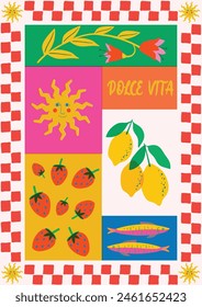 Risograph style - Poster. Modern concept of collage with illustrations of Sun, flower, strawberry, lemon and fish in bright colors. Hand drawn vector graphic with Dolce Vita Text.