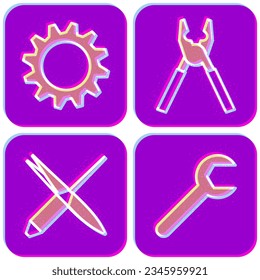 Risograph style repair and adjustment icons with gear, pliers, screwdriver, tweezers and wrench. Vector vibrant color signs