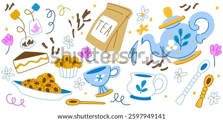 Risograph style tea time illustration set - cups, teapot, desserts, spoons, tea bag, cake slice and cookies. Decorative flowers and curly doodles. Colorful vector morning breakfast composition.