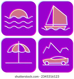 Risograph style travel icons with sea, sailboat, beach umbrella and car in mountains. Vector vibrant color signs