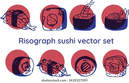 Risograph style vector set of sushi rolls maki nigiri gunkan icons isolated on white background