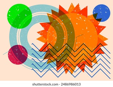 Risograph Summer Sun with geometric shapes. Objects in trendy riso graph print texture style design with geometry elements.