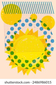 Risograph Summer Sun with geometric shapes. Objects in trendy riso graph print texture style design with geometry elements.