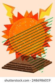 Risograph Summer Sun with geometric shapes. Objects in trendy riso graph print texture style design with geometry elements.