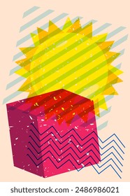 Risograph Summer Sun with geometric shapes. Objects in trendy riso graph print texture style design with geometry elements.