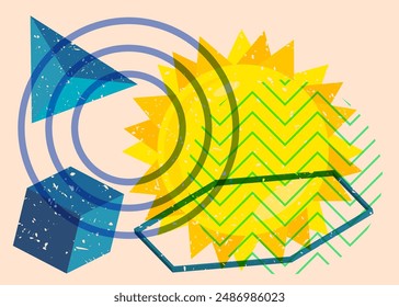 Risograph Summer Sun with geometric shapes. Objects in trendy riso graph print texture style design with geometry elements.