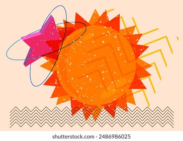 Risograph Summer Sun with geometric shapes. Objects in trendy riso graph print texture style design with geometry elements.