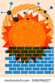 Risograph Summer Sun with geometric shapes. Objects in trendy riso graph print texture style design with geometry elements.