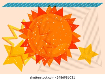 Risograph Summer Sun with geometric shapes. Objects in trendy riso graph print texture style design with geometry elements.