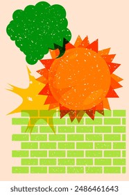 Risograph Summer Sun with speech bubble with geometric shapes. Objects in trendy riso graph print texture style design with geometry elements.