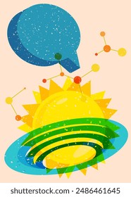 Risograph Summer Sun with speech bubble with geometric shapes. Objects in trendy riso graph print texture style design with geometry elements.