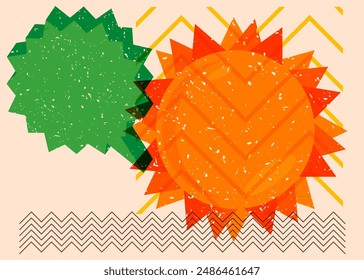 Risograph Summer Sun with speech bubble with geometric shapes. Objects in trendy riso graph print texture style design with geometry elements.