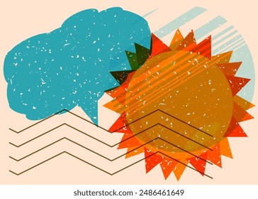 Risograph Summer Sun with speech bubble with geometric shapes. Objects in trendy riso graph print texture style design with geometry elements.