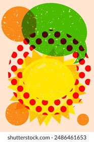 Risograph Summer Sun with speech bubble with geometric shapes. Objects in trendy riso graph print texture style design with geometry elements.