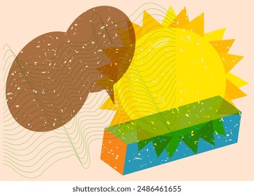 Risograph Summer Sun with speech bubble with geometric shapes. Objects in trendy riso graph print texture style design with geometry elements.