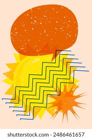 Risograph Summer Sun with speech bubble with geometric shapes. Objects in trendy riso graph print texture style design with geometry elements.