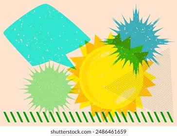 Risograph Summer Sun with speech bubble with geometric shapes. Objects in trendy riso graph print texture style design with geometry elements.