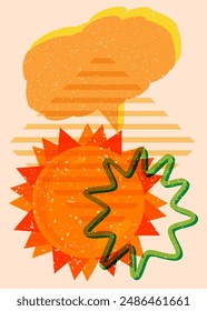 Risograph Summer Sun with speech bubble with geometric shapes. Objects in trendy riso graph print texture style design with geometry elements.