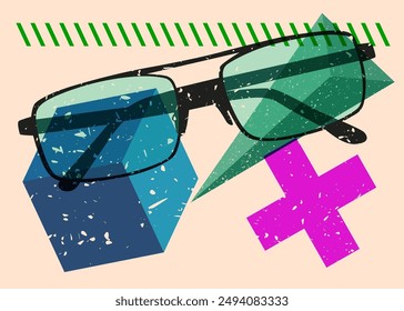 Risograph Sunglasses with geometric shapes. Objects in trendy riso graph print texture style design with geometry elements.