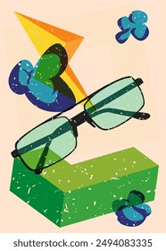 Risograph Sunglasses with geometric shapes. Objects in trendy riso graph print texture style design with geometry elements.