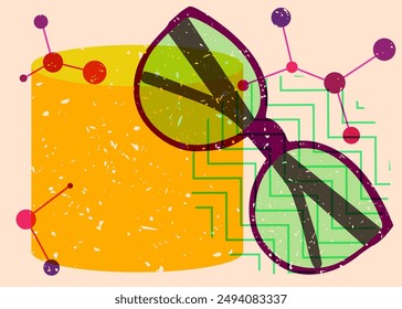 Risograph Sunglasses with geometric shapes. Objects in trendy riso graph print texture style design with geometry elements.