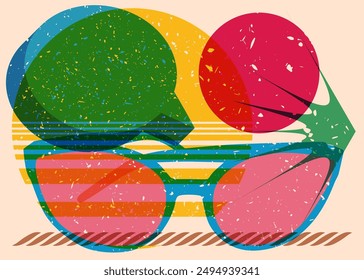 Risograph Sunglasses with speech bubble with geometric shapes. Objects in trendy riso graph print texture style design with geometry elements.