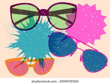 Risograph Sunglasses with speech bubble with geometric shapes. Objects in trendy riso graph print texture style design with geometry elements.