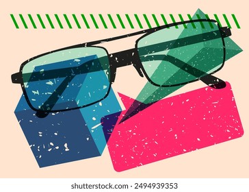 Risograph Sunglasses with speech bubble with geometric shapes. Objects in trendy riso graph print texture style design with geometry elements.