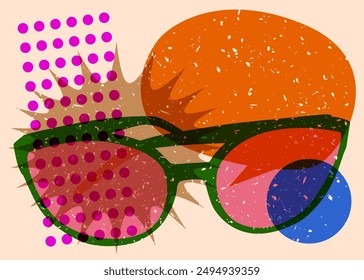 Risograph Sunglasses with speech bubble with geometric shapes. Objects in trendy riso graph print texture style design with geometry elements.