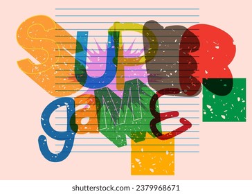 Risograph Super Game word with geometric shapes. Object in trendy riso graph design.
