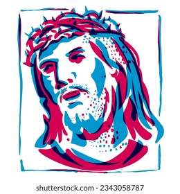 Risograph technique illustration of a head of Jesus Christ with a crown of thorns done in retro riso effect digital screen printing style.