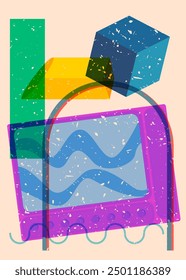 Risograph Television with geometric shapes. Objects in trendy riso graph print texture style design with geometry elements.